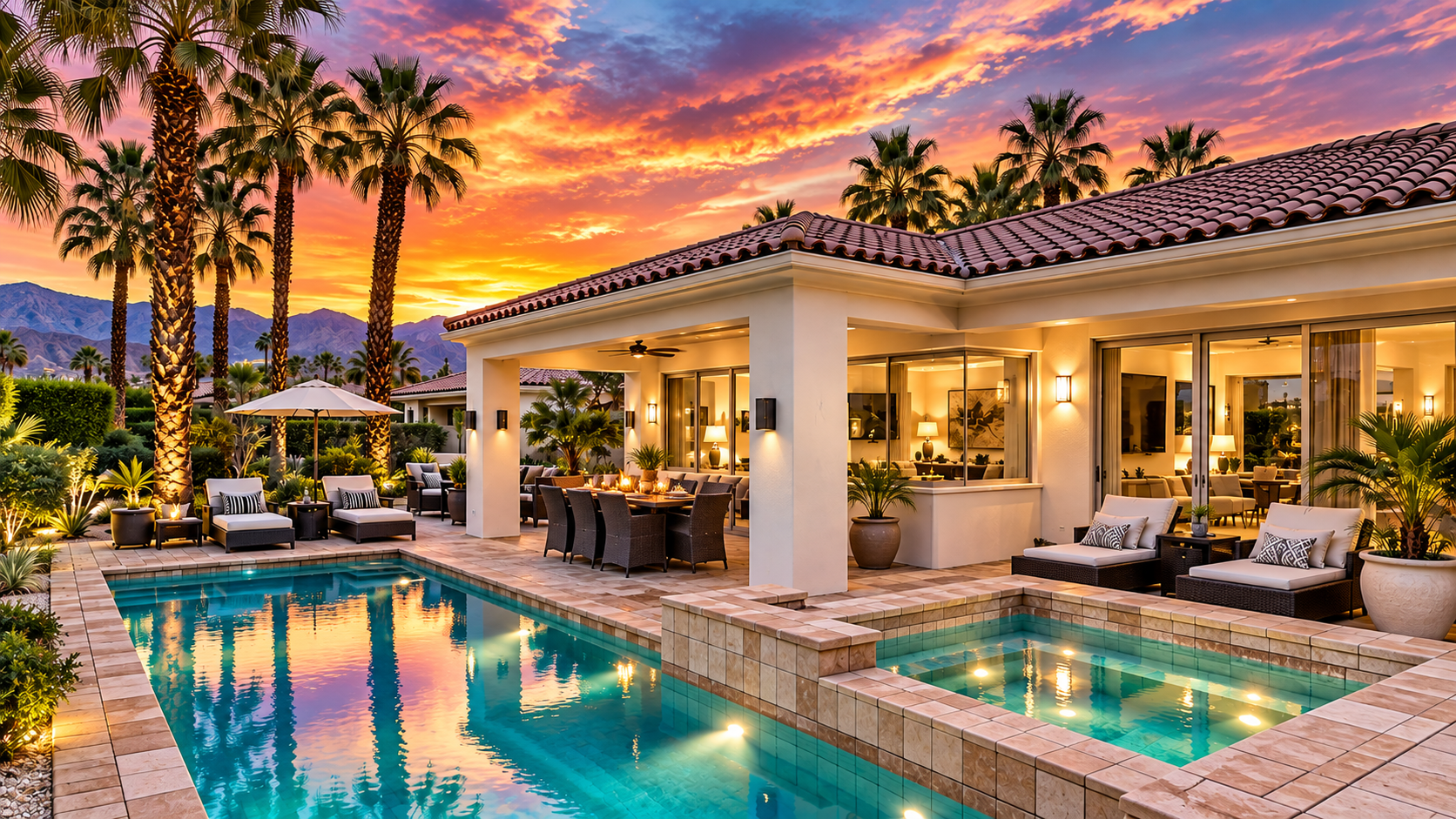 Solmirage private pool and villa at sunset, PGA West, La Quinta